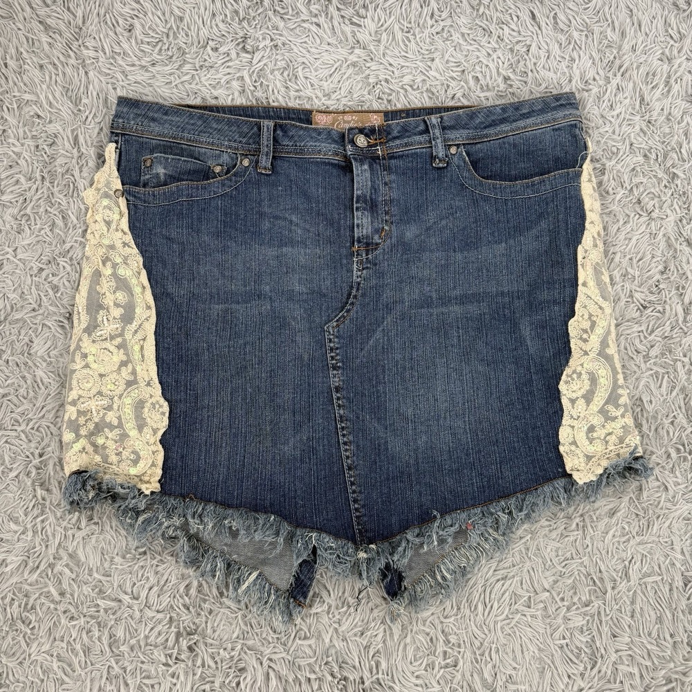 Y2K Candie's Fairy Skirt Lace Sequins Size 17 Lace Side Denim Cutoff Skirt